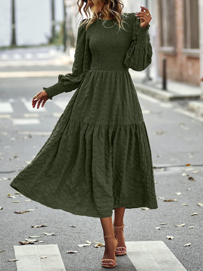 PRETTYGARDEN Women 2025 Spring Puff Long Sleeve Crewneck Smocked Maxi Dress Empire Waist Tiered A-line Swing Flowy Long Dress(Army Green,Small)