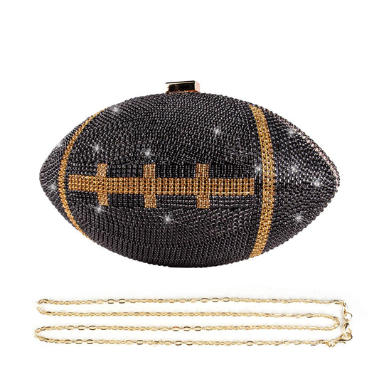 Gripit Bling Rhinestone Football Shaped Rugby Quirky Bag Purse Novlety Chain Purse Shoulder Handbag with Crystal for Women Girls,Black