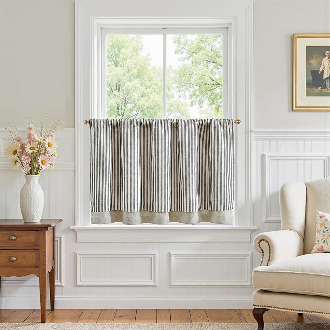 jinchan Double Layer Striped Linen Kitchen Tier Curtain Rustic Cafe for Living Room Bathroom Half Window Curtain Light Filtering Rod Pocket 1 Panel 24 Inch Charcoal Grey