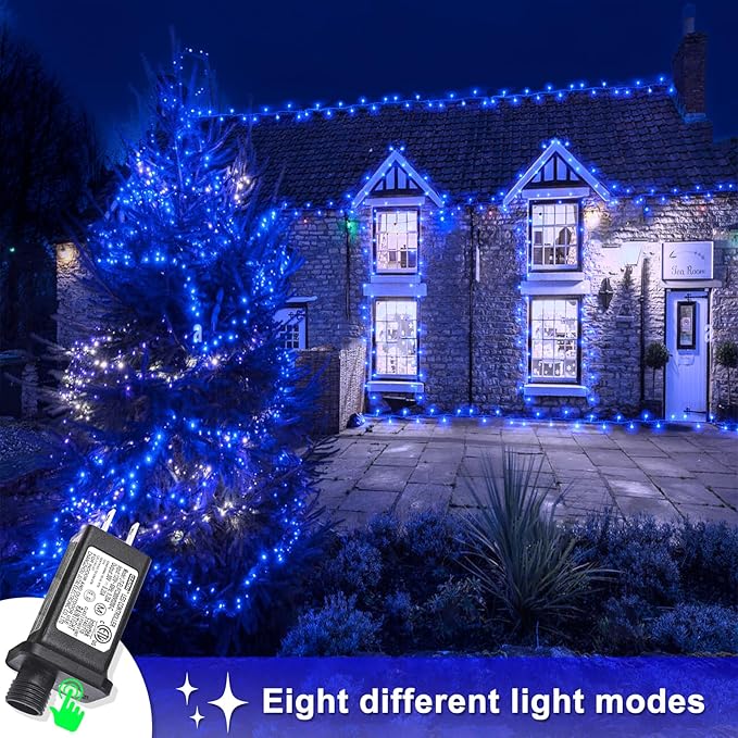 250 LED Blue Christmas Lights Outdoor 82ft Clear Wire Blue String Lights 8 Modes Clear Wire, Plug in Waterproof Twinkle Fairy String Light for Indoor Christmas Tree Bedroom Decorations