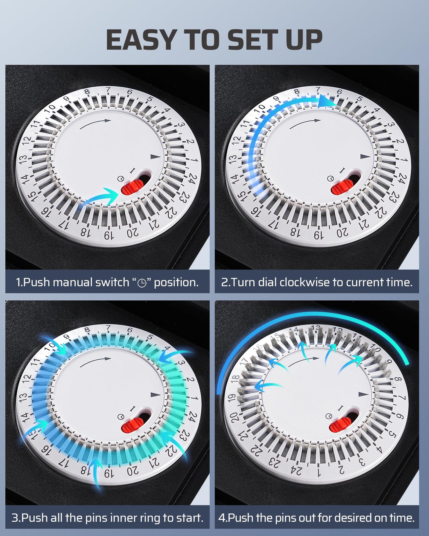 DEWENWILS Outdoor Mechanical Power Strip Timer, 24 Hour Multi Socket, Waterproof 6 Outlet Garden Power Stake, 6 ft Cord, 1800W/15A Heavy Duty, for Lights, Yard, Garden