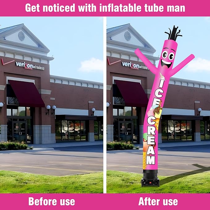 10FT Tall Inflatable Tube Man Ice Cream Wacky Wavy Dancing Guy with 3/4 HP Weather-Resistant Blower (12''Diameter) for Outdoor Decoration Advertising Business Promotion