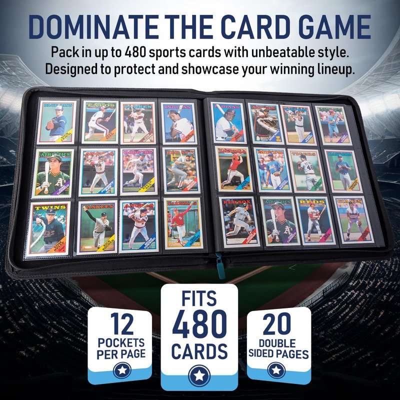 Premium TCG Card Binder For 480 Side Loading Pockets | Sports Trading Card Binder 12 Pocket Zipper, Collectible Trading, Magic, MTG, Baseball, Football Ringless Storage Organizer Album.
