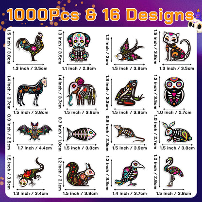 BeYumi Skeleton Animal Roll Stickers - 1000Pcs Day of The Dead Skeleton Animal Stickers in 2 Rolls Dia de Los Muertos Decals for Kids Halloween Mexican Festival Party Supplies Goodie Bags Box Decor
