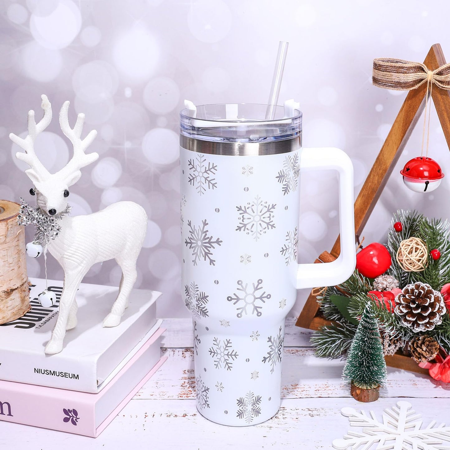 Whaline 40oz Christmas Tumbler with Handle Straw and Lid Snowflake Travel Coffee Tumbler Cup for Xmas Winter Holiday Birthday Party Gift