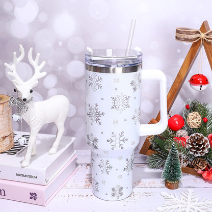 Whaline 40oz Christmas Tumbler with Handle Straw and Lid Snowflake Travel Coffee Tumbler Cup for Xmas Winter Holiday Birthday Party Gift