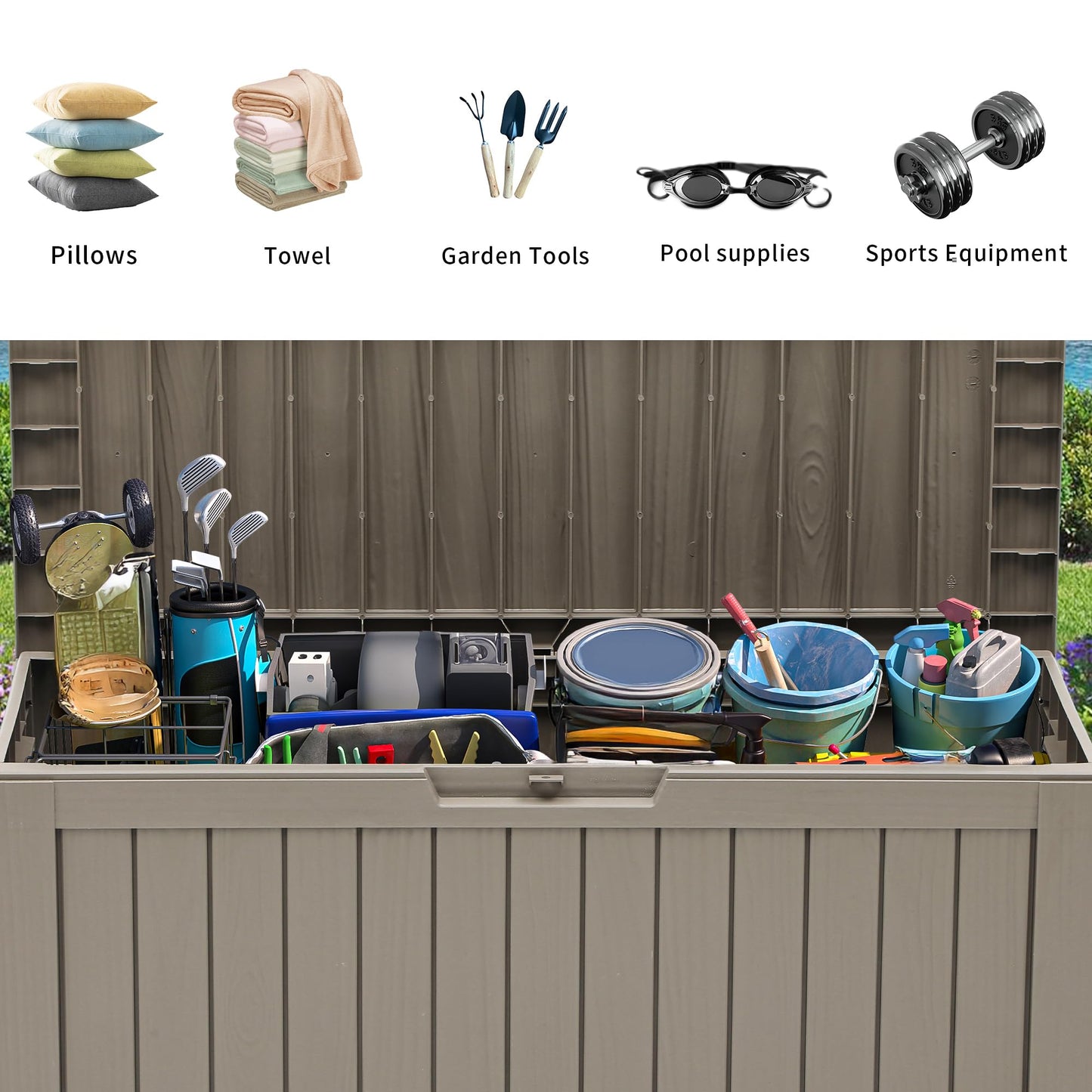 YITAHOME 72 Gallon Outdoor Storage Box w/Wheels, Resin Deck Box Indoor & Outdoor Patio Storage Box for Throw Pillows, Athletic Gear, Yard Implements (Light Brown)