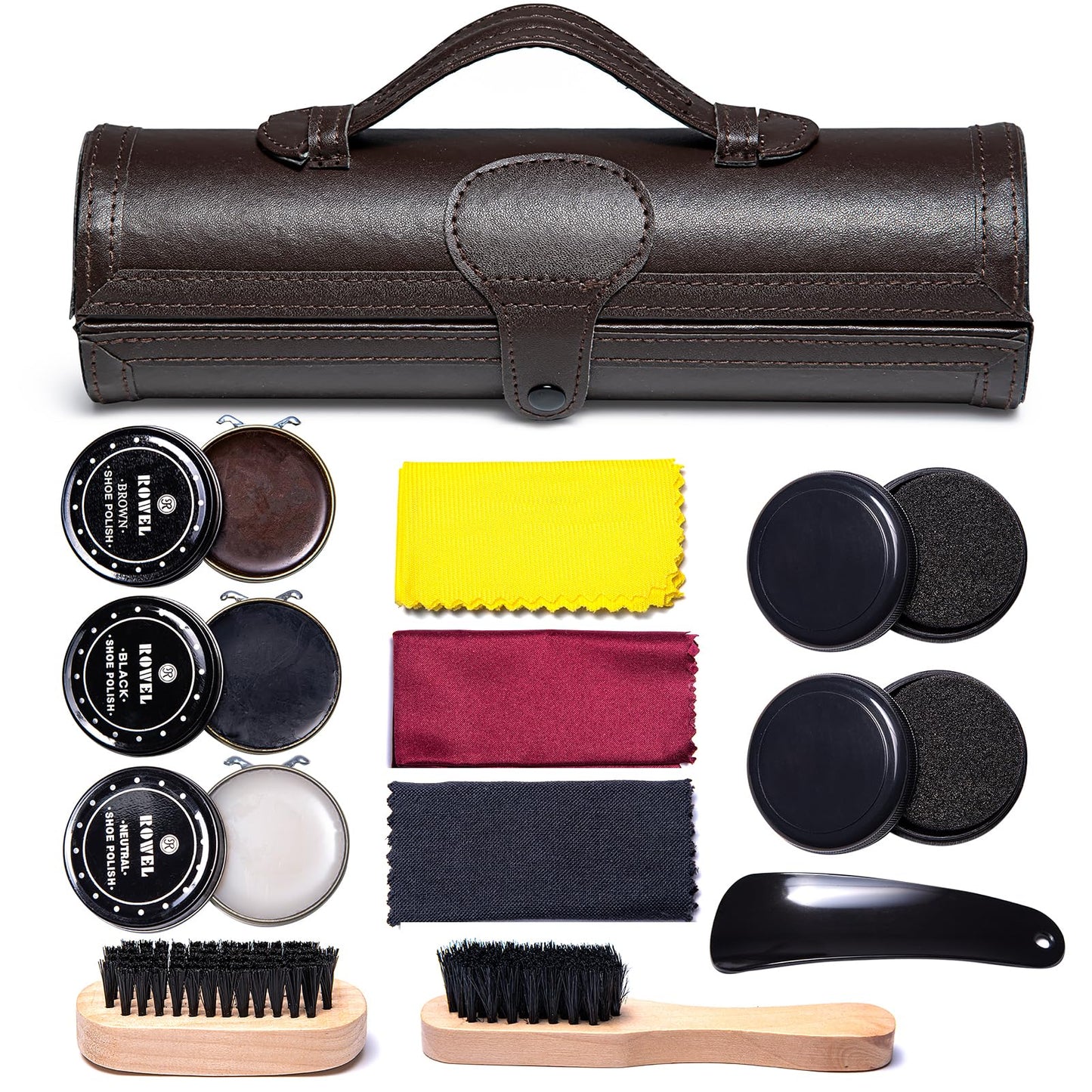 YUET Shoe Polish Kit Cleaning Shine Care Barrel Set For Brown Black Leather With Brush Travel Case Luxury Premium Soft Horsehair Bristle Dauber, Wooden Applicator, Shoehorn, Cloth 12 Piece Brown Pouch