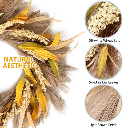 Fall Wreath 22-24inch Autumn Door Wreath with Yellow Leaves, Light Brown Reeds,Beige Wheat Ears for Farmhouse Indoor Outdoor Window Wall Thanksgiving Decor