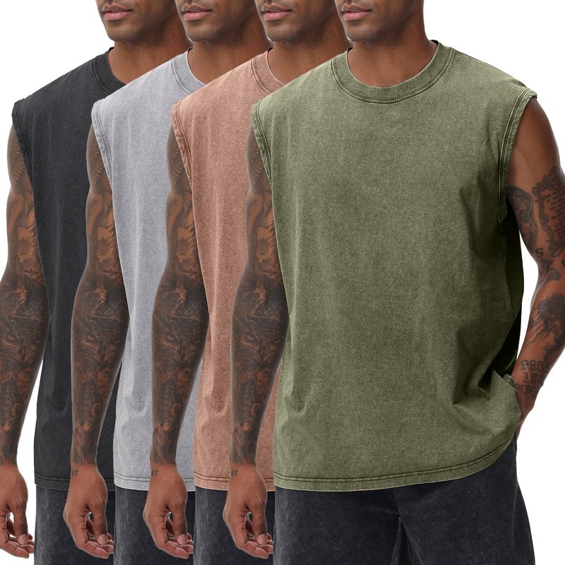 SnowElve 4 Pack Mens Workout Tank Tops Sleeveless Tee Shirts Men Muscle Shirt Gym Acid Wash T Shirts Running Beach Loose Fit Tee(BKGYCFAG,3XL)