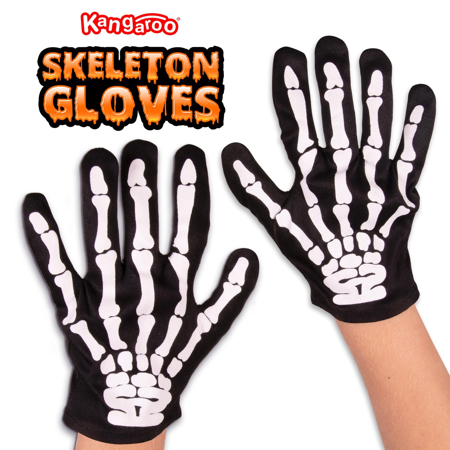 Kangaroo Skeleton Gloves - Skull Hands Gloves for Kids - Bone Reaper Ghost Halloween Apparel Accessories - White Printed Black Skeleton Gloves