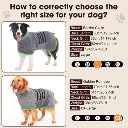 HezzLuv Microfiber Dog Drying Coat – Super Absorbent & Quick-Drying Dog Robe – Adjustable Fit for Medium to Large Dogs – Ideal for Bath, Swim & Wet Walks(Green, XL)