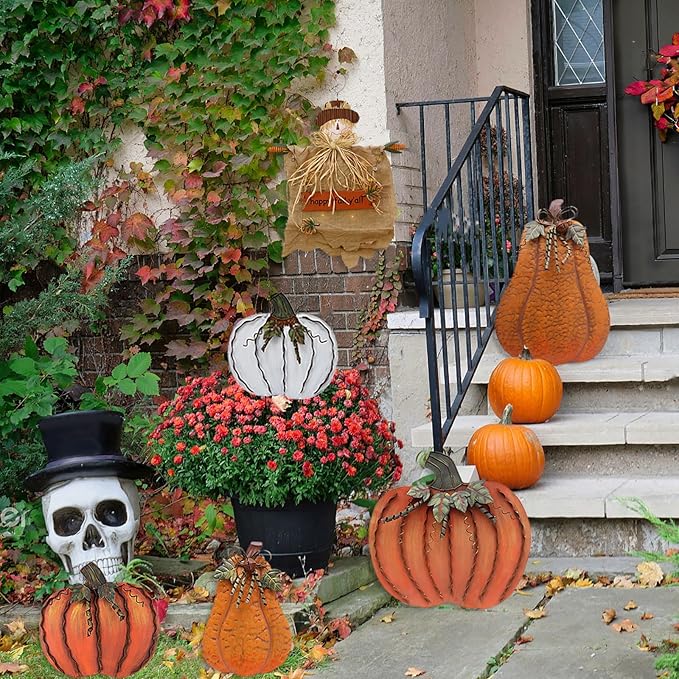 Metal Pumpkin Stakes Yard Signs Fall Decor Decorative Garden Stake Lawn Pumpkins Ornaments Outdoor Autumn Decoration for Harvest Halloween Thanksgiving (17.5" H White)