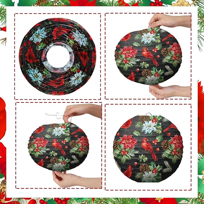 Bencailor 12 Pcs Christmas Hanging Paper Lanterns Set Decorative Party Round Hanging Lamps for Xmas Home Decoration Supplies Props Holiday Decor(12, 10, 8 Inch,Plaid)