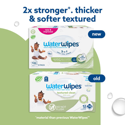 WaterWipes Sensitive+ Baby & Toddler Wipes, 720 Count (12 Packs), 3-In-1 Cleans, Cares, Protects, 99.9% Water, Textured Clean, Unscented