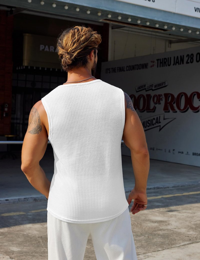 COOFANDY Men's Tank Tops Summer White Sleeveless Knit Top for Men Crew Neck Waffle Textured Tank Shirts White L