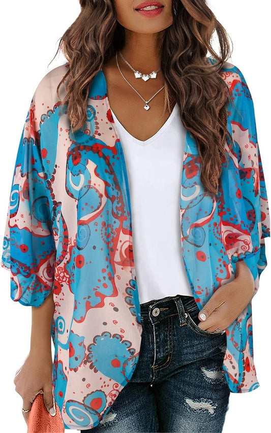 Floral Kimono Cardigan for Women - Chiffon Beach Cover-Up | Loose Fit, Small