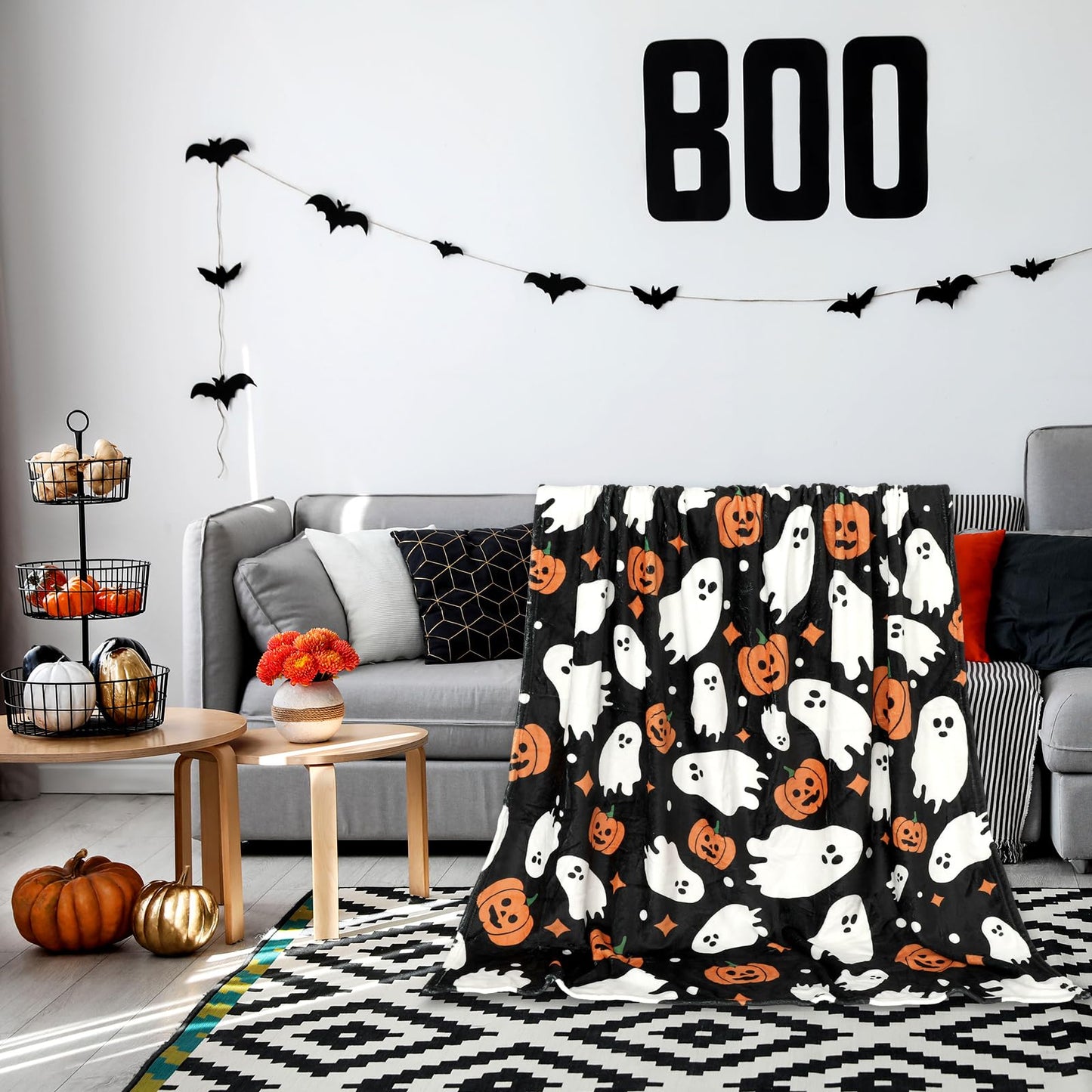 JarThenaAMCS Halloween Fuzzy Flannel Blanket 60 x 50 Inch Ghost Pumpkin Throw Blanket Black Soft Blanket for Farmhouse Home Chair Sofa Couch Bed
