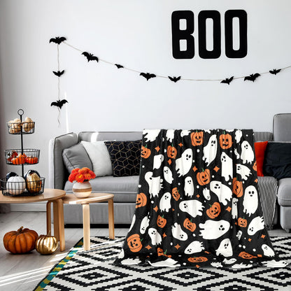 JarThenaAMCS Halloween Fuzzy Flannel Blanket 60 x 50 Inch Ghost Pumpkin Throw Blanket Black Soft Blanket for Farmhouse Home Chair Sofa Couch Bed