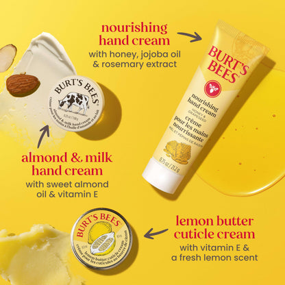 Burt's Bees Christmas Gifts - Tips and Toes Kit, 6 Travel Size Products for Stocking Stuffers - Pomegranate Moisturizing Lip Balm, 2 Hand Creams, Foot Cream, Cuticle Cream, and Hand Salve