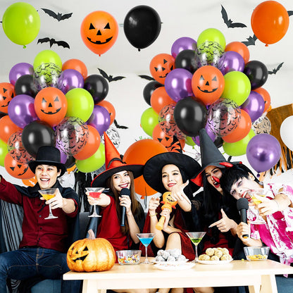 Halloween Party Balloons, Black Orange Green Purple Party Balloons, Metallic Purple Balloon Bat Pumpkin Head Printed Balloon for Halloween Birthday Baby Shower Home Garden Party Decoration