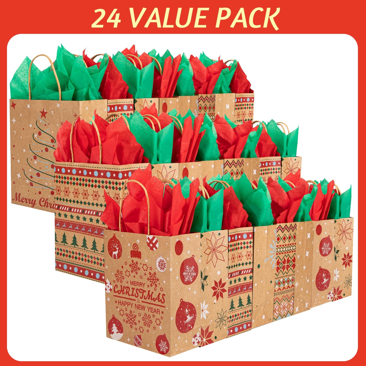 24 Christmas Kraft Gift Bags with 24 Tissue Papers, 7 x 8.6 x 3 Holiday Goody Bags with Handles, Xmas Treat Bags for Party Favors, Classroom Exchange, Present Wrapping