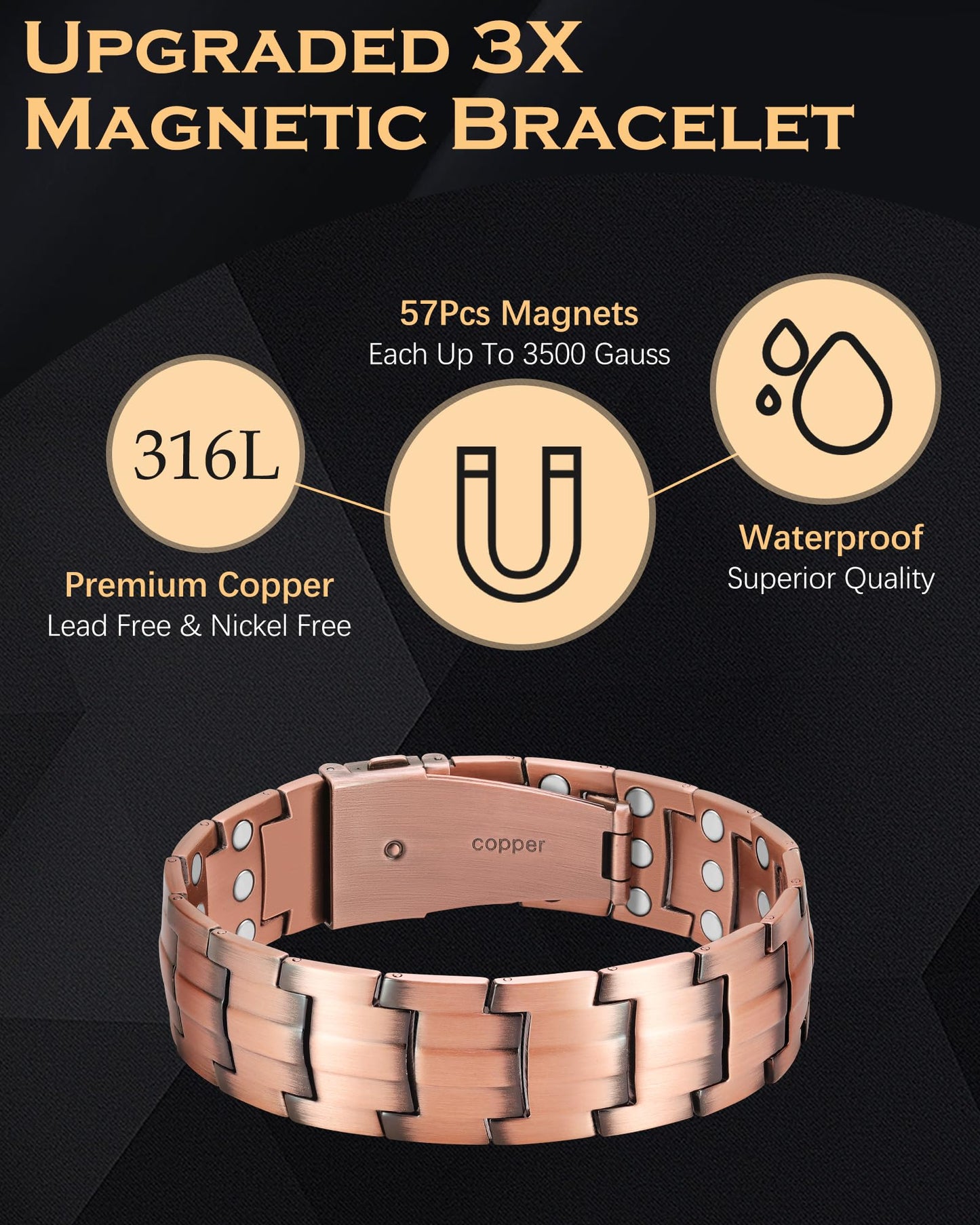 Jeracol 99.99% Soild Copper Bracelets for Men,3X Ultra Strength Magnets(3500 Gauss) Magnetic Bracelets,Magnetic Wristband for Anniversary,Adjustable Size&Jewelry Gift Box