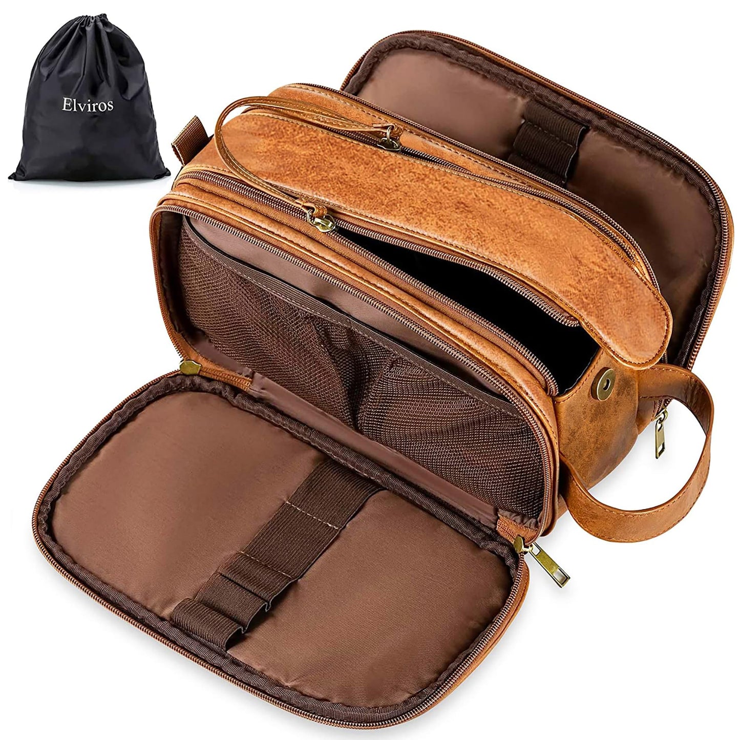 Elviros Water-Resistant PU Leather Toiletry Bag for Men Large Travel Wash Bag Shaving Dopp Kit Bathroom Gym Toiletries Makeup Organizer with Wet Dry Compartment (Brown)