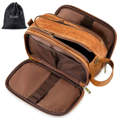 Elviros Water-Resistant PU Leather Toiletry Bag for Men Large Travel Wash Bag Shaving Dopp Kit Bathroom Gym Toiletries Makeup Organizer with Wet Dry Compartment (Brown)
