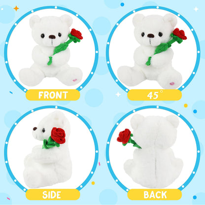 Houwsbaby Glow Teddy Bear with Rose White Bear Stuffed Animal Soft Light Up Plush Toy LED Night Lights Birthday Christmas for Kids Toddler Girlfriend,White,10.5''