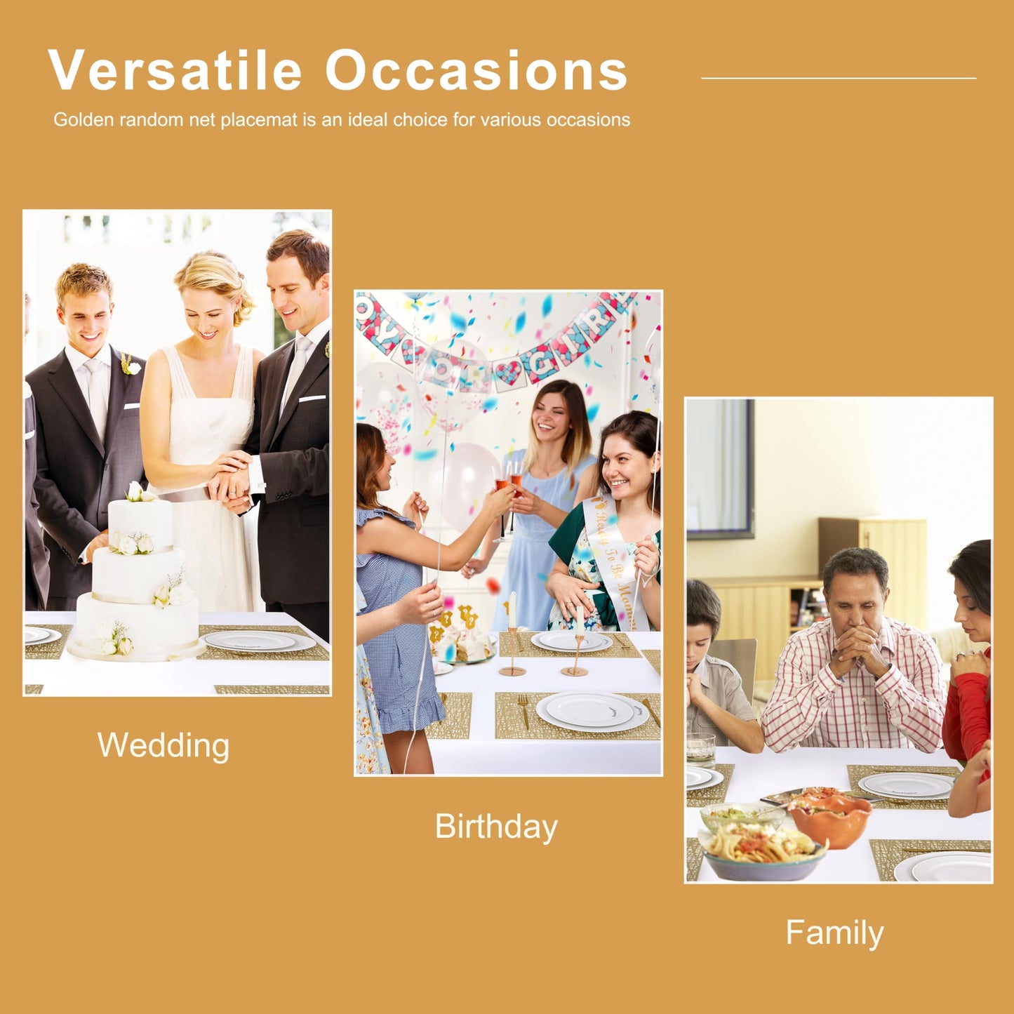 Snowkingdom Gold Placemats Set of 4, Golden Vinyl Rectangle Metallic Wipeable Place mats, Washable Non Slip Stain Resistant Hollow Kitchen Dining Table Mats for Halloween Wedding Party Decoration