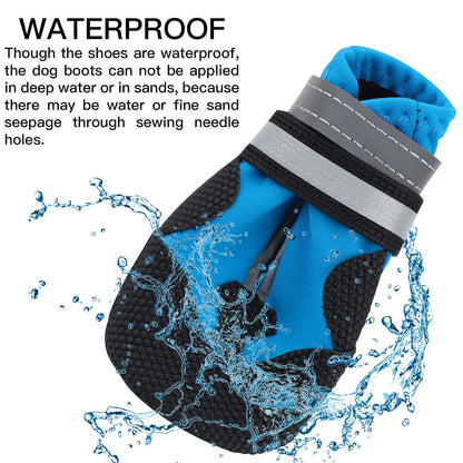 Dog Boots, Set of 4 Waterproof Dog Shoes with Reflective Straps Anti-Slip Sole Outdoor Paw Protectors Puppy Shoes for Small Medium Dogs Autumn Winter (Blue, L)
