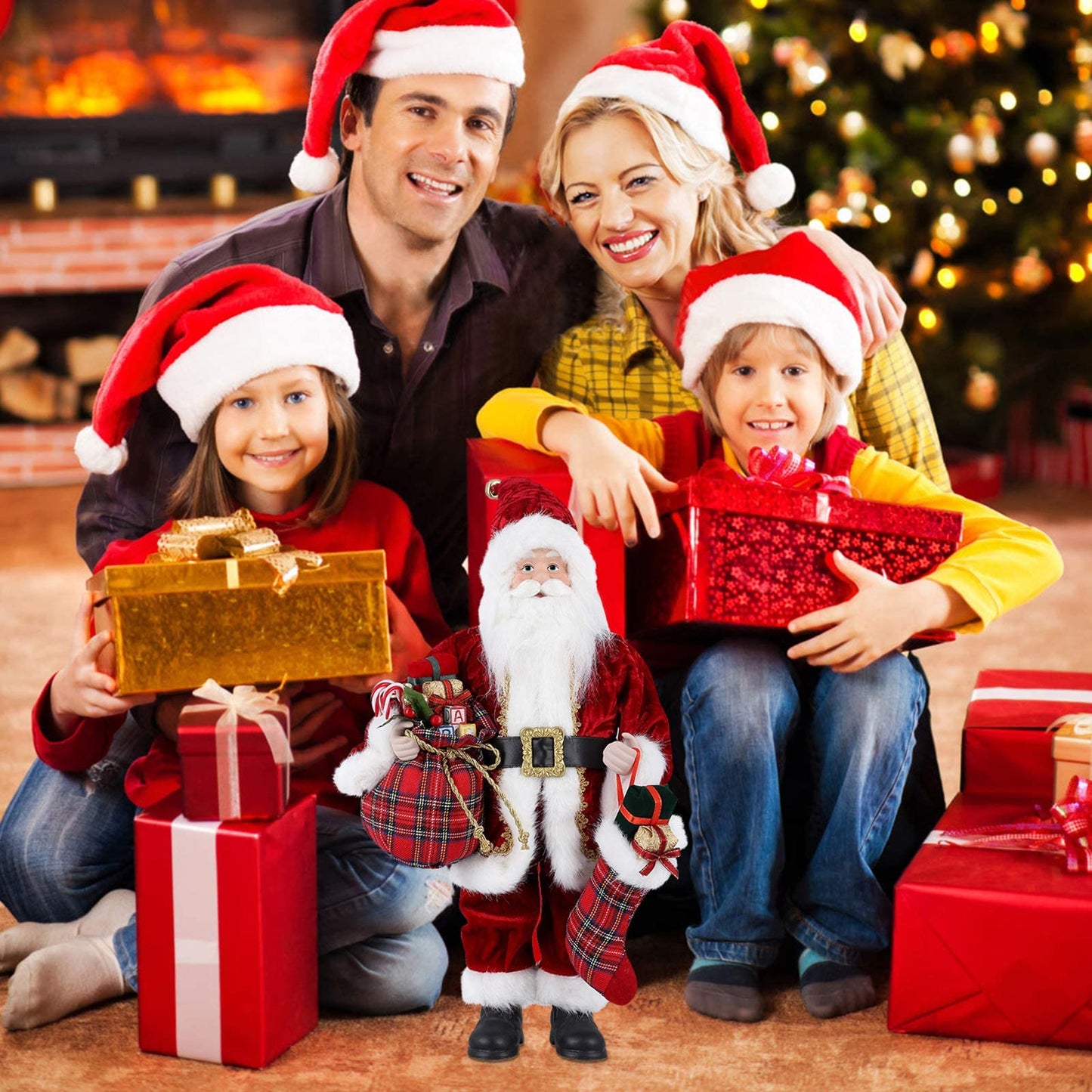 AGM 18" Santa Claus, Christmas Figurine Figure Decor with Christmas Sock and Gifts Bag for Holiday Party Home Decoration