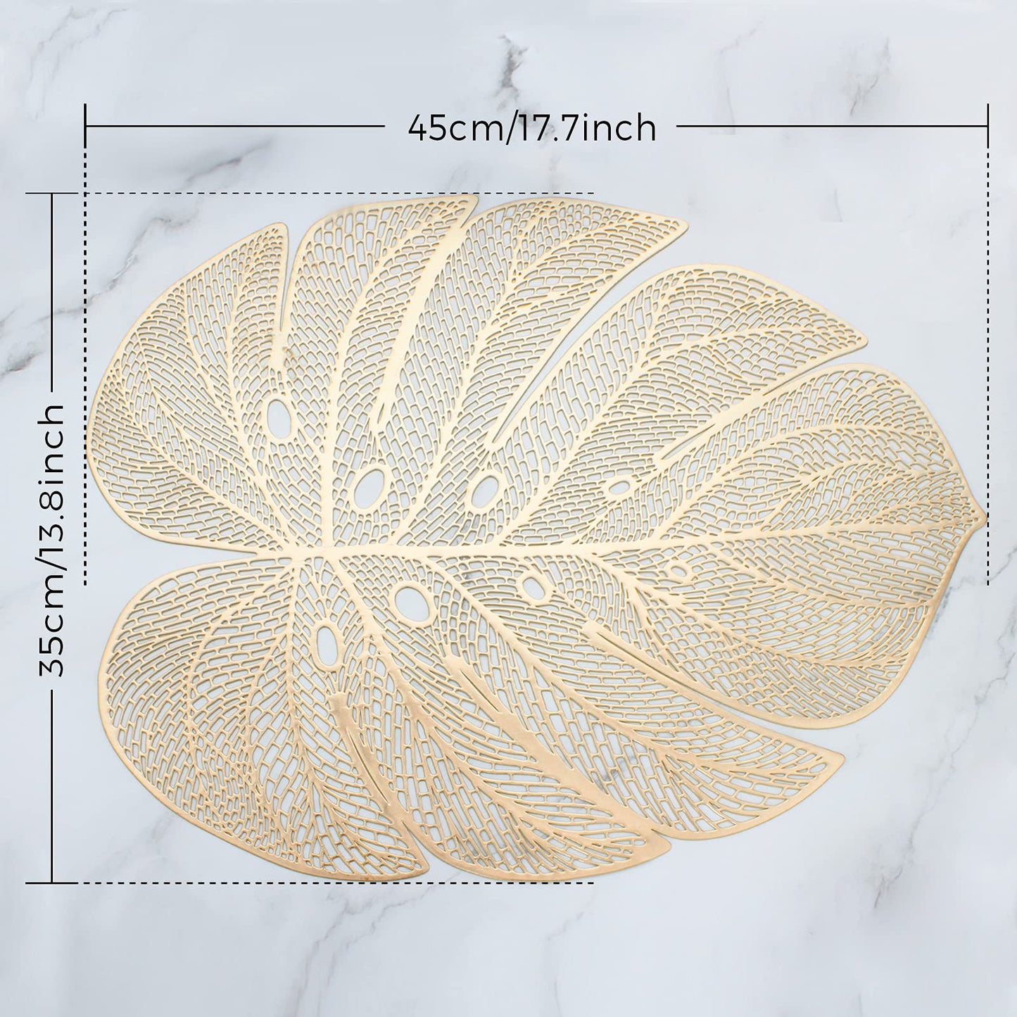Evevda Gold Leaf Shaped Vinyl Placemats for Dinner Table Set of 4 Metallic Plastic Gold Place Mats Wipeable 6Pcs Table Mats for Wedding Annersary Dinner Table Decoration Mats
