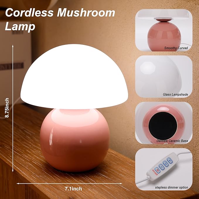 Small Mushroom Lamp,USB-Plug in Bedside Table Lamps with 3-Temperature LED Bulb Dimmable,Unique Cute Aesthetic Home Decor for Living Room,Bedroom, Modern Ceramic Base Glass Lamp(Pink)