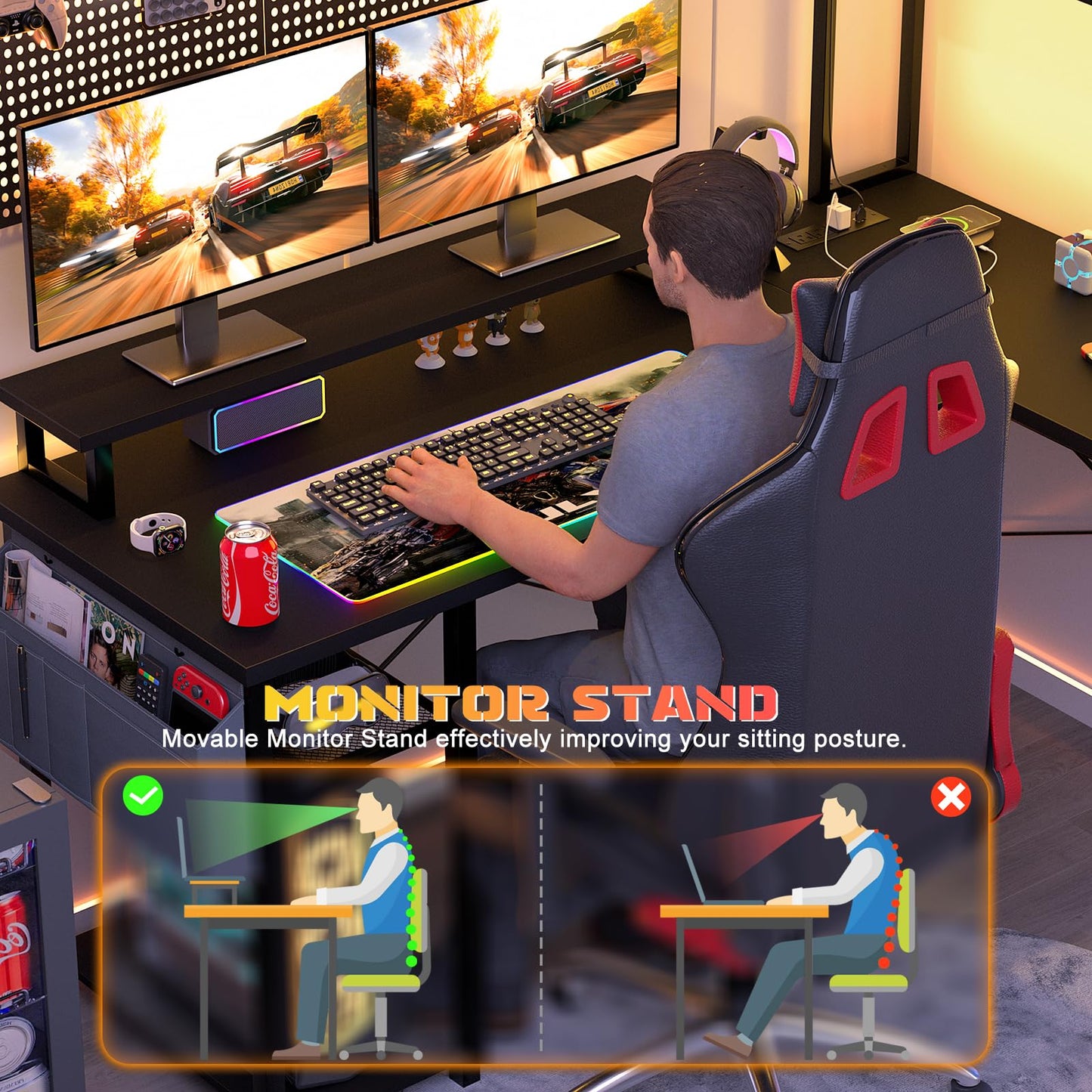 Aheaplus Small L Shaped Gaming Desk with LED Lights & Power Outlets, Reversible L-Shaped Computer Desk with Monitor Stand & Storage Shelf, Corner Desks Home Office Desk with Storage Bag, Black