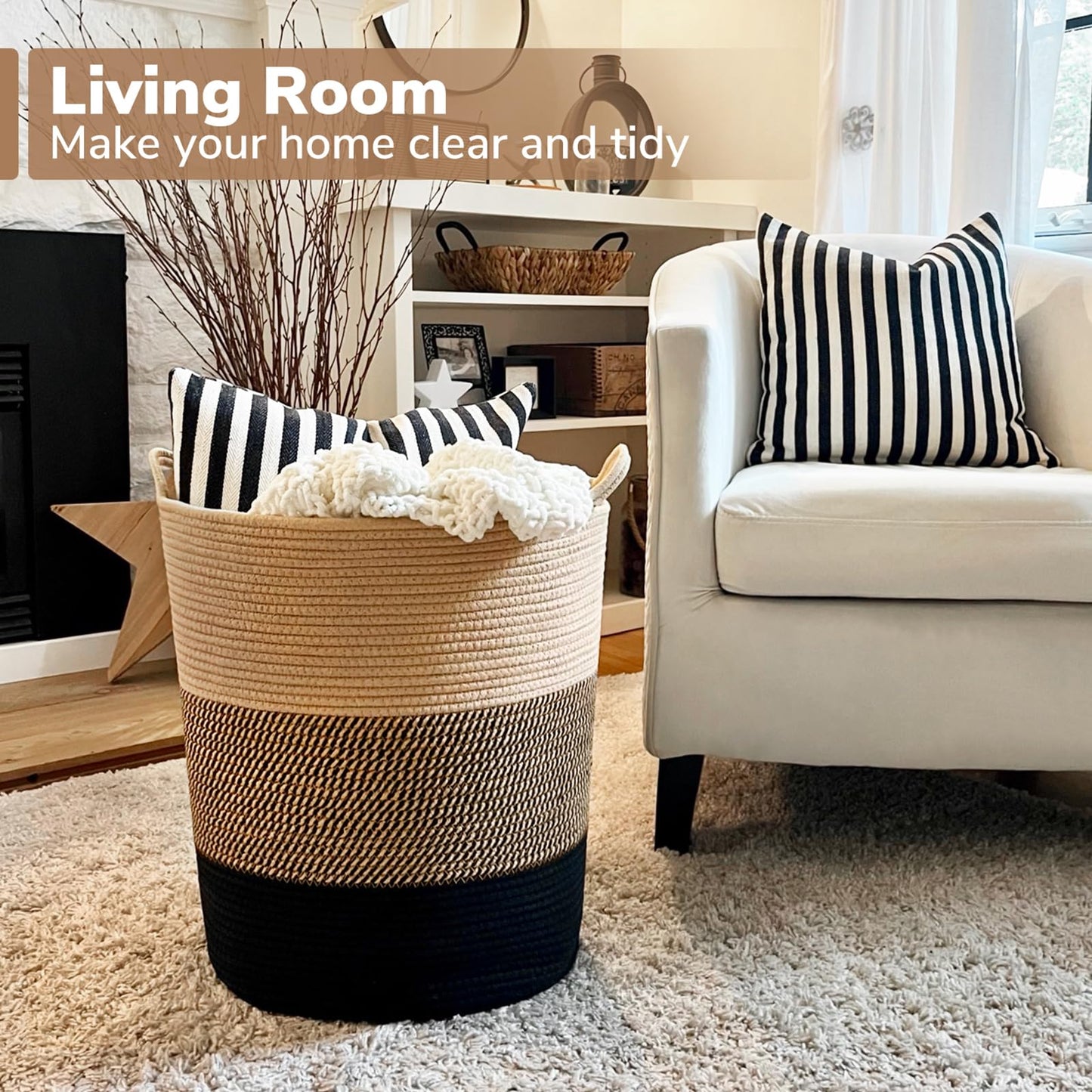 INDRESSME Laundry Basket Large Laundry Hamper, Woven Baskets for Storage, 17.8" x 15.8" x 13.8", Wicker Laundry Basket for Living Room, Dirty Clothes Basket, Baby Hamper for Nursery, Black & Jute