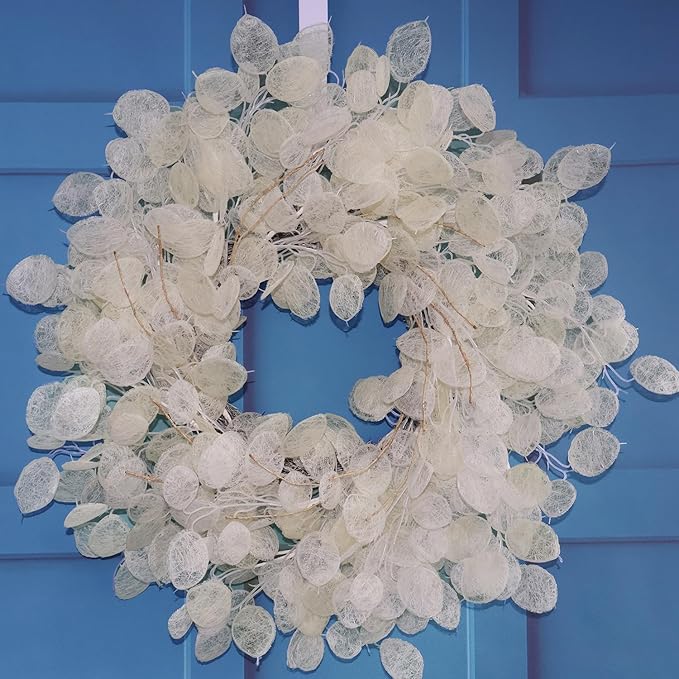 24" Yellow & Cream Fake (Not Real-Looking) Winter Fall Wreaths for Front Door – Boho Year Round Farmhouse Porch Door Decor – Beige Eucalyptus Lunaria Annua Welcome Door Wreath