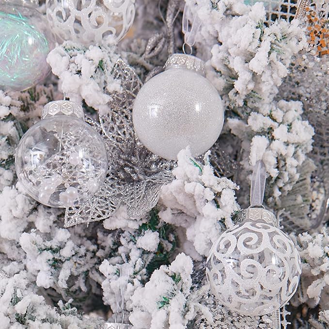 XmasExp 32ct Christmas Ball Ornaments Set -White Clear Plastic Shatterproof Xmas Tree Ball Decorations Hanging Baubles for Holiday Decor
