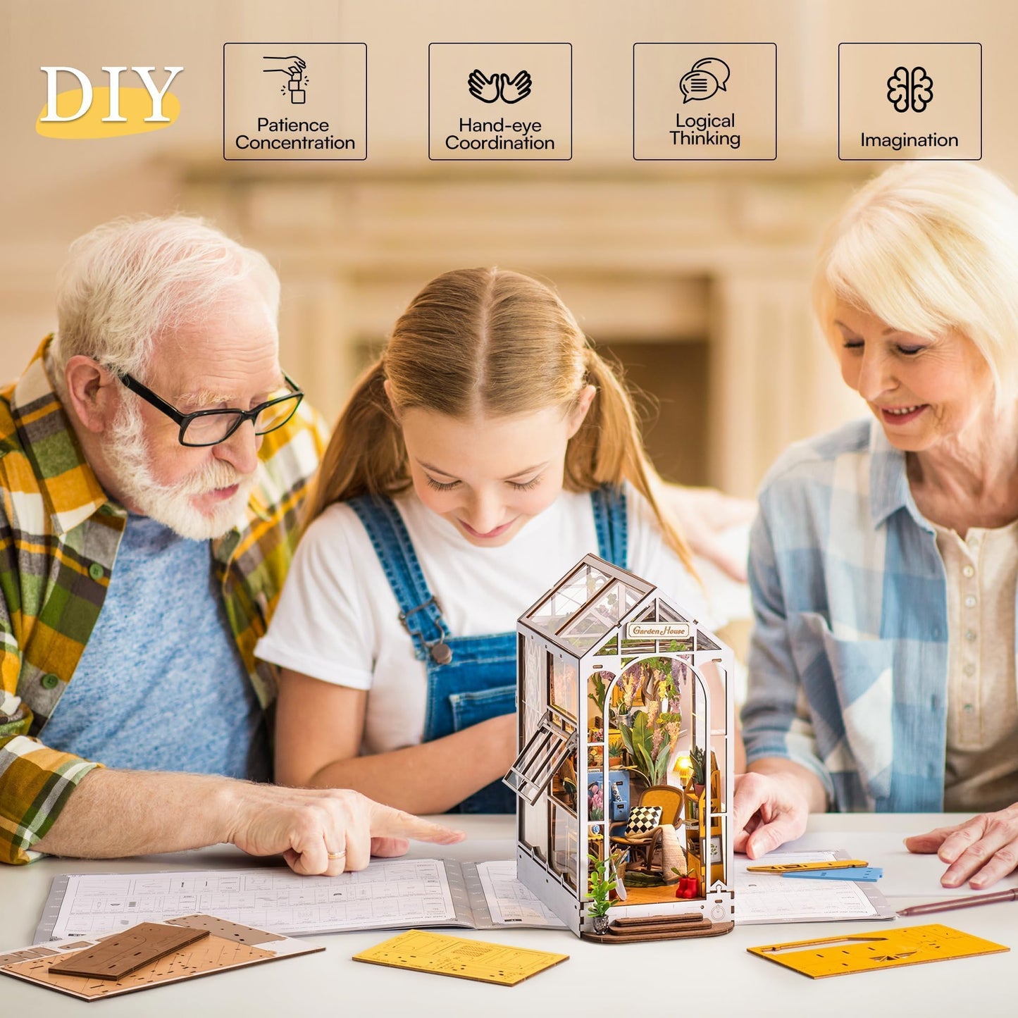ROBOTIME Book Nook Kit Gardenhouse with LED Lights, DIY Miniature Dolls House Kit 3D Wooden Puzzle Bookend Booknook Book Shelf Decoration Gift