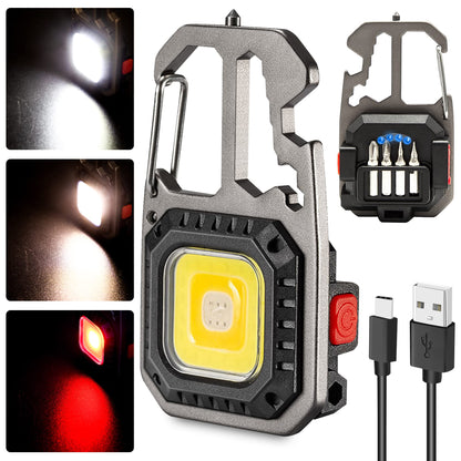 Rugtol Cob Keychain Work Light, Cob Rechargeable Key chain Light, 1000lumens Keychain Torch Led Super Bright with 7 Lights Modes, Mini Keyring Torches with Screwdriver Bottle Opener for Outdoor Hiking
