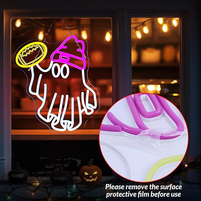 Halloween Ghost Neon Signs for Wall Decor Dimmable USB Powered Football Ghost Signs Gift for Football Fans Teens, Halloween Ghost Neon Light for Bedroom, Living Room, Bar, Party