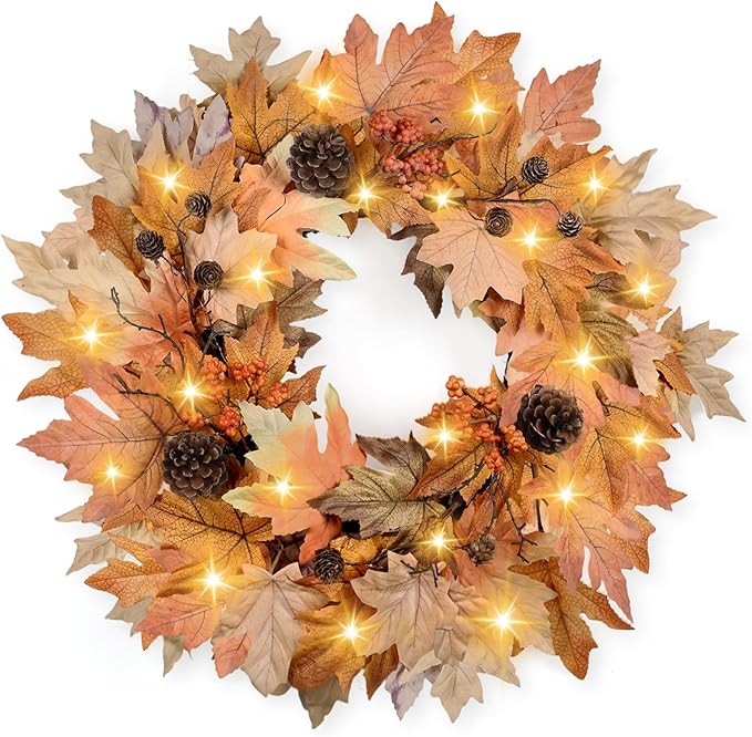 22 Inch Fall Wreaths for Front Door Outside Timer Function Pinecones Berries Autumn Fall Wreaths with 30 Warm Lights Decorations for Home Wall Porch Door Yard Harvest Mantle Fireplace Window Decor