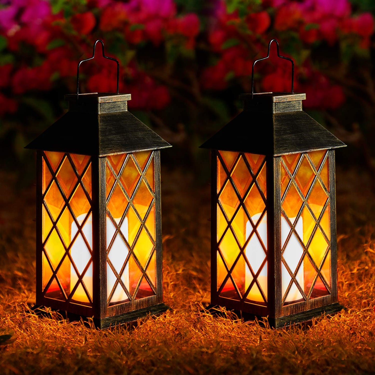 Solar Lanterns for The Garden– 2 Pack Garden Lanterns Flickering Moroccan-Style Outdoor Lights Auto On/Off Waterproof IP44 Warm White LED Ideal for Patio, Pathway & Christmas Decor