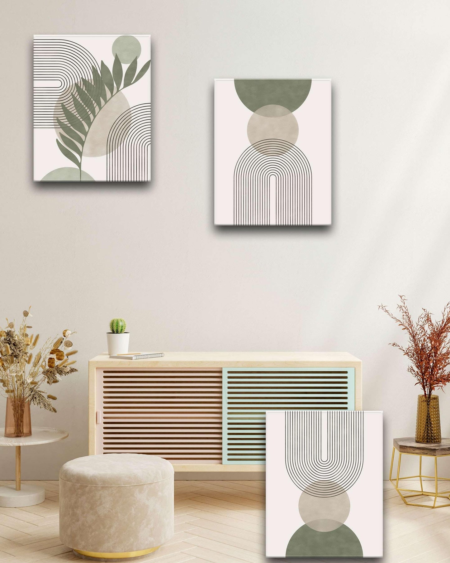 HesenDot Sage Green Boho Framed Wall Art,30x40CM Canvas Posters Prints,Minimalist Wall Decor,Mid-Century Modern Abstract Printing for Living Room Bedroom Bathroom Office,Set of 3