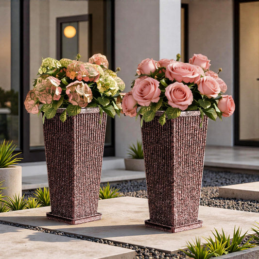 Diyfire Taper Tall Planters for Outdoor Plants Set of 2, 24 Inch Faux Stone Large Outdoor Planters for Porch with Drainage Tray Saucers & Holes, Fluted Tall Indoor Flower Pots for Patio Balcony, Brown