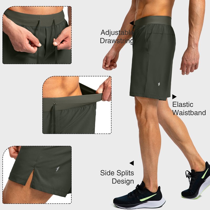 Soothfeel Men's Running Shorts with Zipper Pockets 7 Inch Lightweight Quick Dry Gym Athletic Workout Shorts for Men (Army Green, 2XL)
