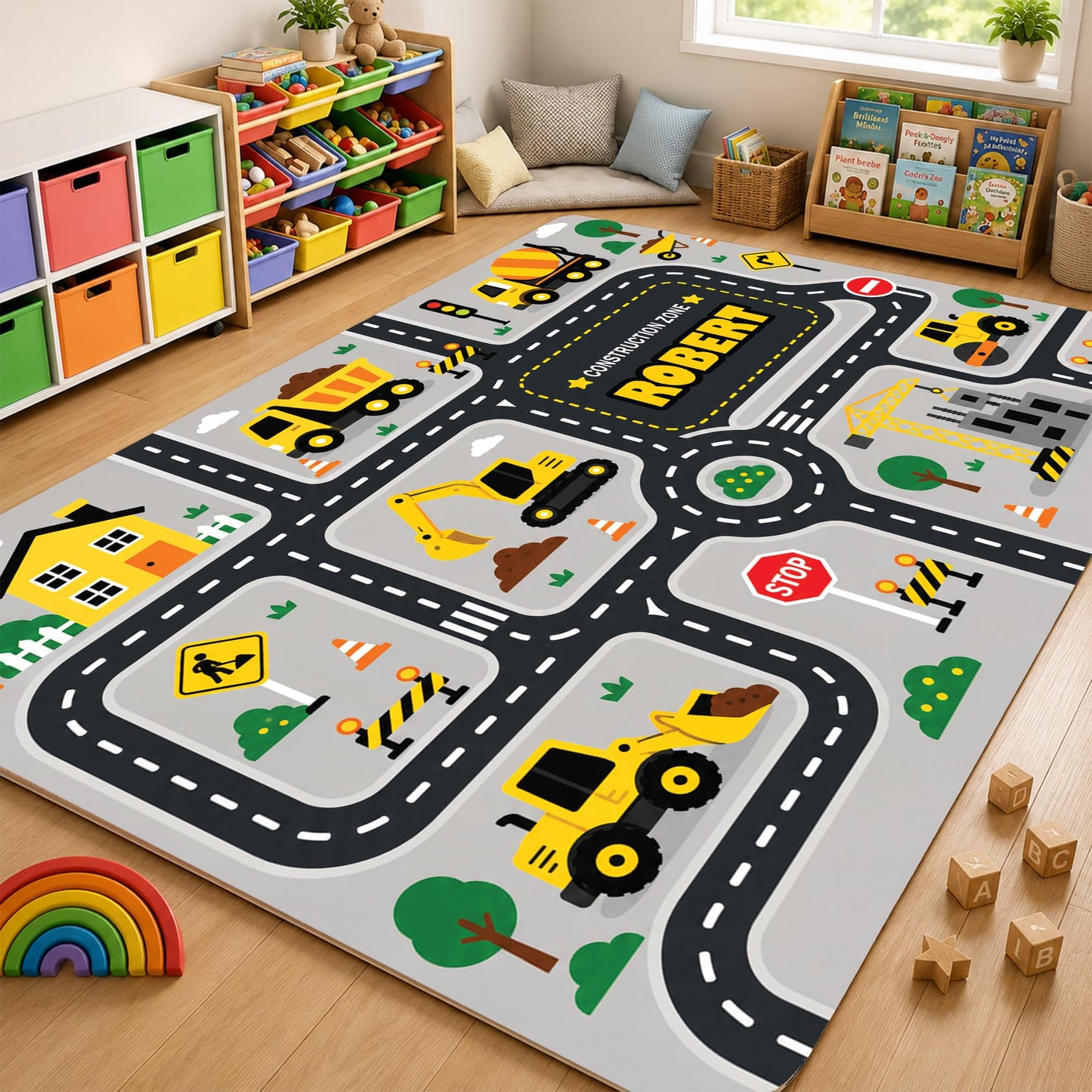 Custom Road Map Area Rug, Personalized City Street Car Rug, 5x7 Cars Truck Play Mat, Washable Non Slip Soft Town Playroom Carpet for Kids Bedroom Nursery Classroom Decor (Map 4)