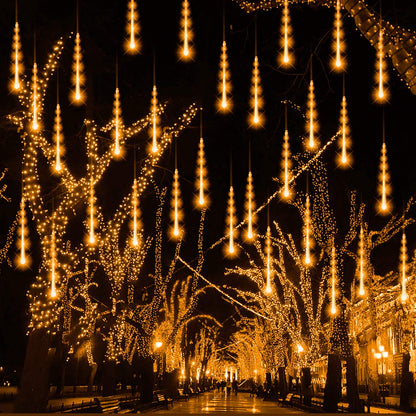 FUNPENY Meteor Shower Rain Lights, 288 LED Christmas Lights Icicle Snow Falling Outdoor Raindrop Light, Xmas Tree Holiday Christmas Halloween Decoration, Warm White