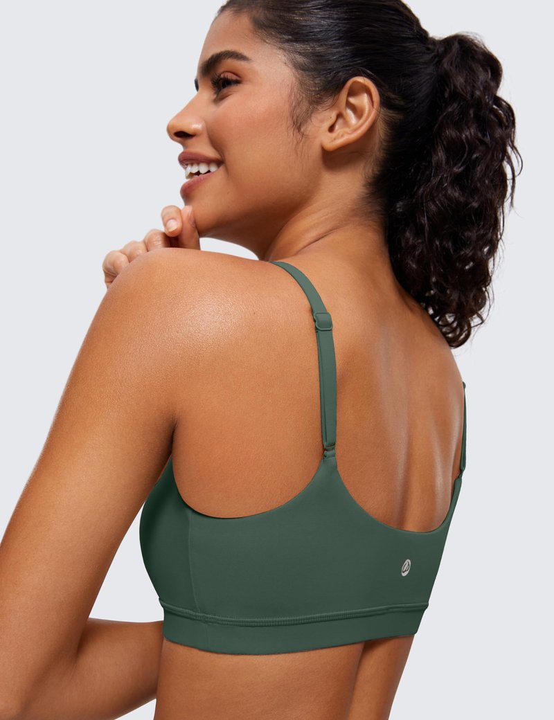 CRZ YOGA Butterluxe Adjustable Spaghetti Strap Sports Bras for Women - Scoop Neck Wireless Padded Yoga Workout Crop Top Dark Forest Green Small